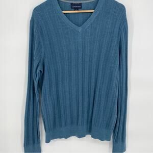 Lands’ End Men’s Sweater V-neck Supima Cotton Herringbone Knit Aqua Large
